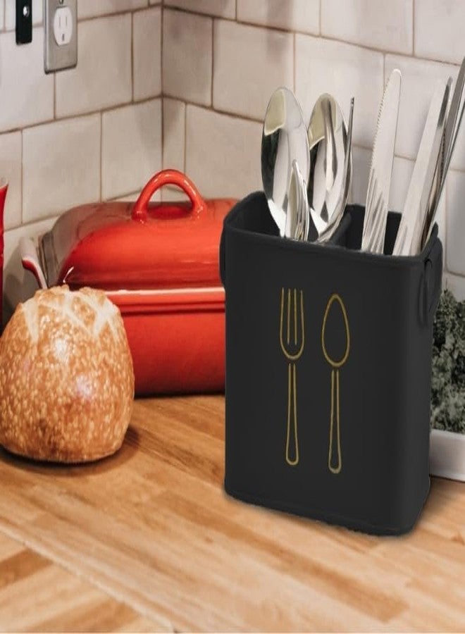 AG Enterprises Metal Utensil Holder, Black Dual-Compartment Cutlery Organizer, Gold Fork Spoon Design, Kitchen Countertop Flatware Caddy - Image 2